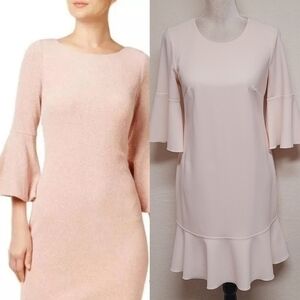 Ellen Tracy Light Pink Stretchy Scoop Neck Flute Sleeve Ruffle Hem Mini Dress 6